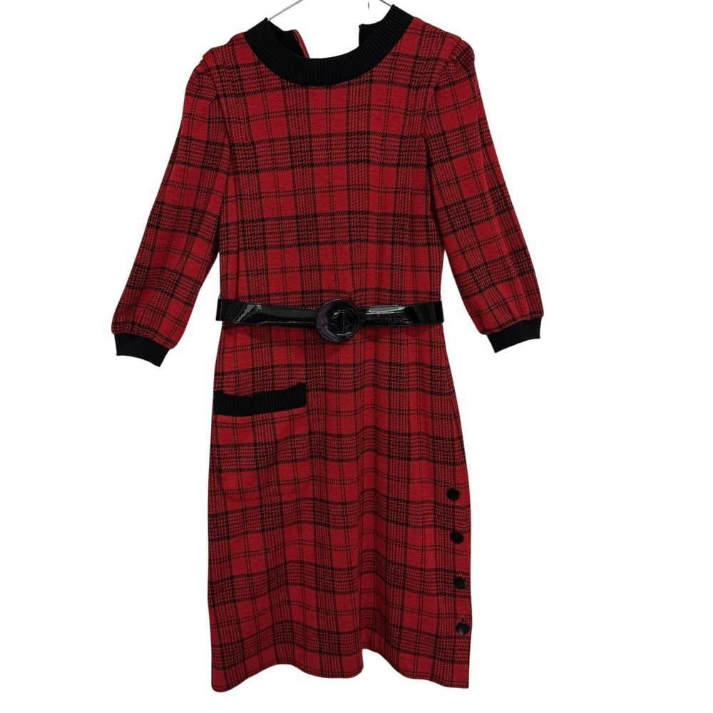Vintage Leslie Fay Red Black Plaid Knit Sweater Dress Midi Belted Retro Womens 8